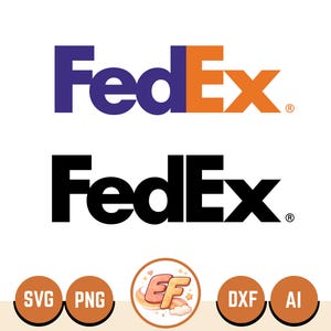 Könnte beinhalten: Das FedEx-Logo in zwei Versionen: eine in Lila und Orange und eine Schwarz-Weiß-Version. Darunter befinden sich Symbole mit den Bezeichnungen SVG, PNG, ein Cartoon-Logo und Symbole mit den Bezeichnungen DXF und AI.