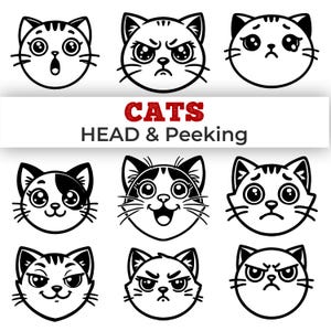 Könnte beinhalten: Eine Sammlung von neun Cartoon-Katzenköpfen mit verschiedenen Gesichtsausdrücken, darunter Überraschung, Wut und Traurigkeit. Die Katzen sind schwarz und weiß, mit detaillierten Schnurrhaaren und Augen. Der Text "CATS HEAD & Peeking" ist rot.