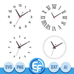Könnte beinhalten: Vier Zifferblattdesigns auf weißem Hintergrund. Die Uhren haben schwarze Zeiger, rote Sekundenzeiger und verschiedene Zahlenstile, darunter Standardziffern, römische Ziffern und minimalistische Striche. Das Bild enthält auch SVG-, PNG-, DXF- und AI-Symbole.
