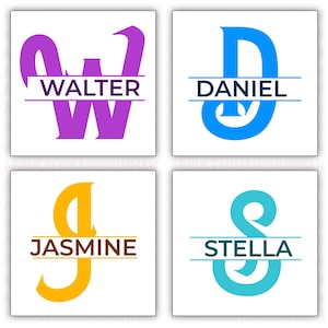 Könnte beinhalten: Vier quadratische Bilder mit personalisierten Namensdesigns. Jedes zeigt einen großen Anfangsbuchstaben in leuchtenden Farben: Lila, Blau, Gelb und Türkis. Die Namen "Walter", "Daniel", "Jasmine" und "Stella" werden unter den Initialen angezeigt.