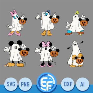 Könnte beinhalten: Ein digitales Grafikset mit sechs Zeichentrickfiguren, die als Geister für Halloween verkleidet sind und jeweils einen kürbisförmigen Süßigkeiten-Eimer halten. Die Figuren tragen weiße Laken, mit den Textbeschriftungen SVG, PNG, DXF und AI darunter.