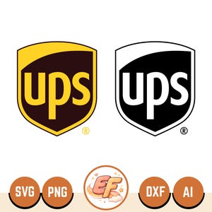 Könnte beinhalten: Zwei UPS-Logos werden angezeigt, eines in der braunen und goldenen Farbgebung des Unternehmens und das andere in Schwarz und Weiß. Darunter befinden sich vier kreisförmige Symbole mit den Bezeichnungen "SVG", "PNG", "DXF" und "AI" sowie ein Cartoon-Logo.