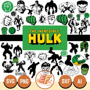 Puede incluir: Una colección de gráficos temáticos de The Incredible Hulk. Incluye varias ilustraciones de Hulk en diferentes poses, puños verdes y el logotipo. Formatos: SVG, PNG, DXF y AI.