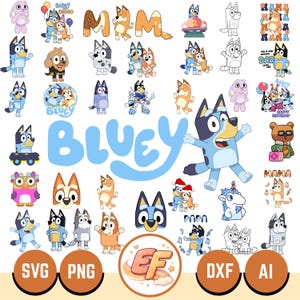 Puede incluir: Una colección de gráficos digitales con el tema de Bluey, que presenta varios personajes y diseños. La imagen incluye la palabra "BLUEY" en azul claro, junto con texto como "SVG", "PNG", "DXF" y "AI".