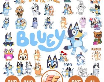 100+ Bluey PNG SVG Bundle + BONUS Font, Bluey Dog Bingo Clipart Bundle Set Original Designs for Birthday Day Crafts Coloring Printing