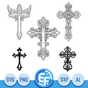Könnte beinhalten: Sammlung von sechs verzierten Kreuz-Designs in Schwarz und Weiß. Die Kreuze variieren im Stil, mit detaillierten Schnörkeln, Flügeln und dekorativen Elementen. Die Bild enthält Dateityp-Labels: SVG, PNG, DXF und AI.