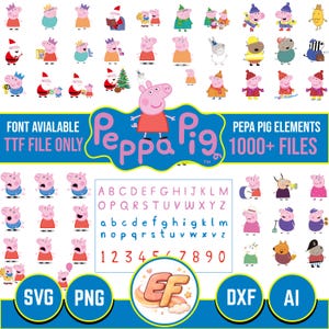 Könnte beinhalten: Eine Sammlung von Illustrationen von Peppa Wutz-Charakteren in verschiedenen Posen und Outfits. Enthält das Peppa Wutz-Logo, eine Schriftart und den Text "PEPA PIG ELEMENTS 1000+ FILES". Enthält auch SVG-, PNG-, DXF- und AI-Dateityp-Symbole.