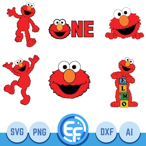 May include: A collection of digital graphic illustrations featuring the red character Elmo in various poses, including waving, smiling, and holding blocks that spell ELMO, alongside the text ONE, with file format labels SVG, PNG, DXF, and AI.