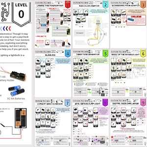 May include: An educational electronics guide titled Inventor Hunters Circuits 101 Level 0, featuring a welcome message, a list of parts including alligator clip wires, a breadboard, a battery holder, a light bulb, jumper wires, and AA batteries.