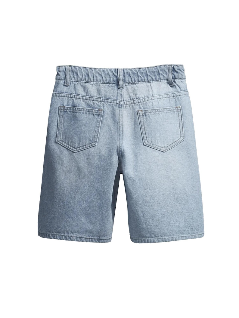 May include: Pale blue denim shorts featuring two back pockets and a waistband. The shorts are crafted from a light wash denim fabric and have a relaxed fit. Suitable for casual wear, these shorts are a versatile wardrobe staple.