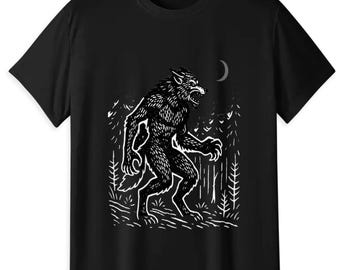 Retro Werewolf Forest T-Shirt, Gothic Woodcut Style 180g Cotton Unisex Tee