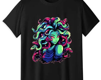 Neon Medusa Greek Mythology T-Shirt, Vibrant Pop Art Medusa Graphic Tee