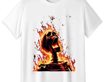 Fiery Screaming Skeleton T-Shirt, Edgy Fire Skull 180g Cotton Unisex Tee
