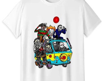 Horror Movie Killers Mystery Machine T-Shirt, Slashers Scooby Van Tee, Halloween Villains Cotton Shirt