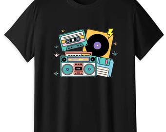 Retro 80s 90s Music T-Shirt, Cassette Tape Vinyl Boombox Graphic Tee