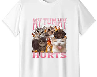 My Tummy Hurts Funny Cat Meme T-Shirt, Y2K Style 180g Cotton Unisex Tee