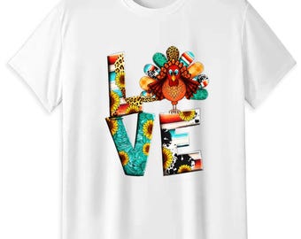 Thanksgiving LOVE Turkey T-Shirt, Western Sunflower 180g Cotton Unisex Tee