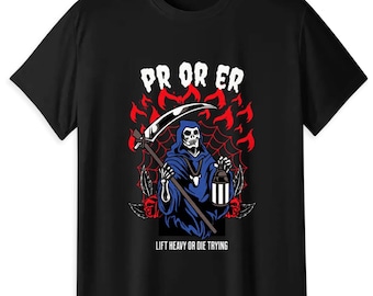 PR OR ER Grim Reaper Gym T-Shirt, "Lift Heavy or Die Trying" Fitness Tee