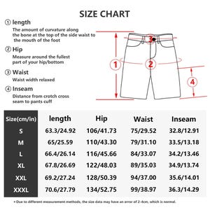 May include: A size chart for shorts, displaying measurements in centimetres and inches. The chart details length, hip, waist, and inseam measurements for sizes S to XXXL. The image includes a diagram of the shorts, with measurement points labelled.