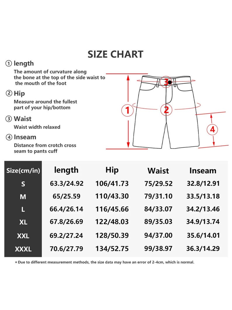 May include: A size chart for shorts, displaying measurements in centimetres and inches. The chart details length, hip, waist, and inseam measurements for sizes S to XXXL. The image includes a diagram of the shorts, with measurement points labelled.
