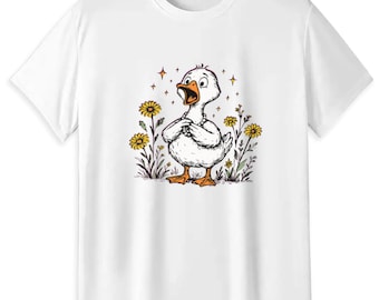 Cute Duck with Pearls and Flowers T-Shirt, Whimsical Floral Duck Tee, Unisex 180GSM Cotton Shirt