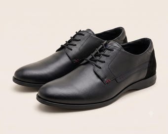Men's Custom Fit Leather Derby Shoes, Handmade Black Dress Shoes, Wide Width Leather Shoes, Made to Measure Men's Footwear, Comfort Derby