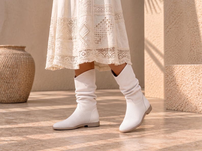 White Perforated Leather Summer Boots | Handmade Slouch Boots | Custom Fit | Lightweight Leather Boots | Made to Order image 6