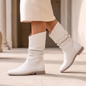 White Perforated Leather Summer Boots | Handmade Slouch Boots | Custom Fit | Lightweight Leather Boots | Made to Order image 2