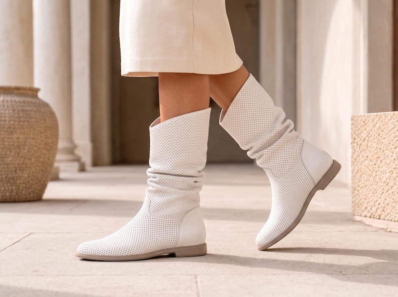White Perforated Leather Summer Boots | Handmade Slouch Boots | Custom Fit | Lightweight Leather Boots | Made to Order image 2