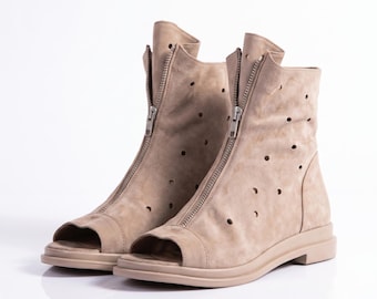 Custom Fit Suede Summer Booties | Handmade Open Toe Ankle Boots | Wide Feet Friendly | Made to Measure Leather Shoes