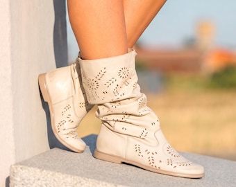 Women's Perforated Leather Slouch Boots, Handmade Summer Boots, Custom Fit Leather Ankle Boots, Soft Comfort Boots for Women