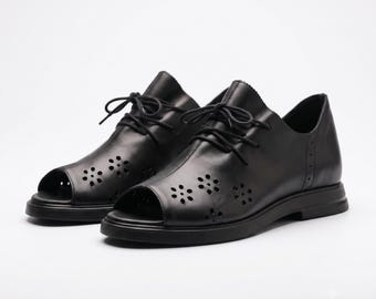 Custom fit leren damesschoenen, brede zomerschoenen met brede wijdte, handgemaakte zwarte leren comfortschoenen, schoenen met open neus, op maat gemaakt