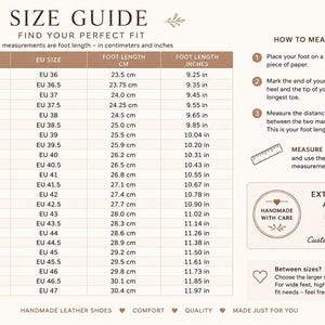 May include: A size guide chart for footwear featuring columns for US size, EU size, and foot length in centimeters and inches. The graphic includes instructions on how to measure feet, a note on extended sizes from US 5 to 16, and EU 36 to 47.