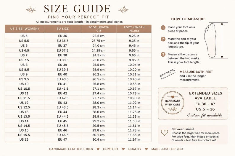 May include: A size guide chart for footwear featuring columns for US size, EU size, and foot length in centimeters and inches. The graphic includes instructions on how to measure feet, a note on extended sizes from US 5 to 16, and EU 36 to 47.