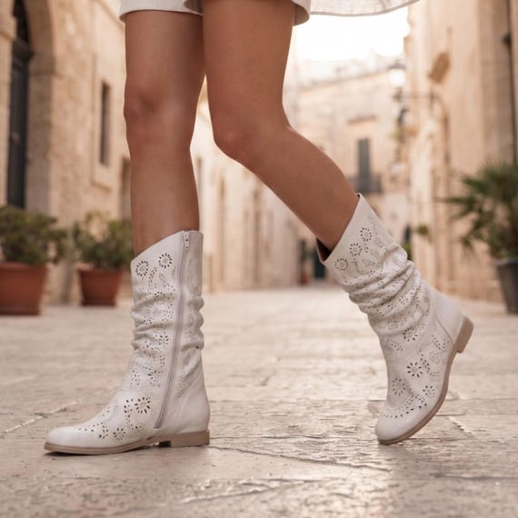 White Perforated Leather Summer Boots | Handmade Slouch Boots | Custom Fit | Lightweight Leather Boots | Made to Order