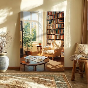 Cozy Sunlit Reading Nook Framed Wall Art, Library Style Print, Warm Home Decor for Living Room and Study Room, Gift for Book and Art Lovers