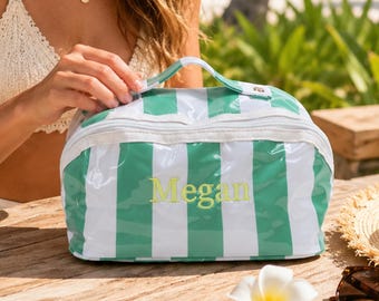 Personalized Striped Makeup Bag | Waterproof Toiletry Pouch for Bride, Honeymoon, Travel