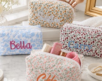 Embroidered Floral Makeup Bag | Personalized Cosmetic Pouch, Cotton Polyester Blend