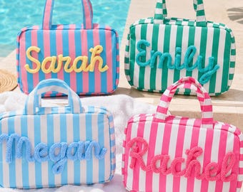 Custom Striped Toiletry Bag | Bridesmaid Pouch, Bachelorette Travel Favor