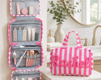 Personalized Striped Toiletry Bag | Hand-Applied Name Detail, Travel Makeup Organizer