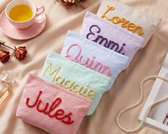 Personalized Striped Cosmetic Bag | Custom Yarn Lettering Bridesmaid Gift
