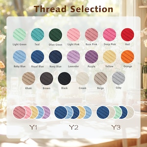 May include: A thread selection chart displaying twenty-one circular color swatches labeled Light Green, Teal, Olive Green, Light Pink, Rose Pink, Deep Pink, Red, Baby Blue, Royal Blue, Navy Blue, Lavender, Purple, Yellow, Orange, Khaki, Brown, Black, Cream, Beige, and Gray.