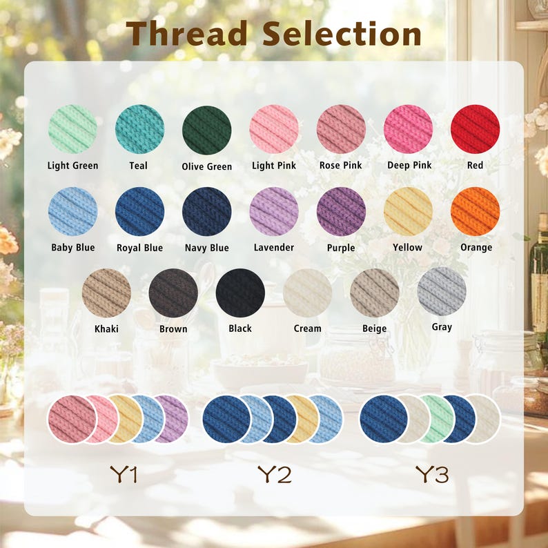 May include: A thread selection chart displaying twenty-one circular color swatches labeled Light Green, Teal, Olive Green, Light Pink, Rose Pink, Deep Pink, Red, Baby Blue, Royal Blue, Navy Blue, Lavender, Purple, Yellow, Orange, Khaki, Brown, Black, Cream, Beige, and Gray.