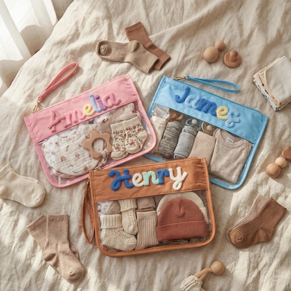 Personalized Baby Pouch, New Mom Gift, Toddler Gift, Clear Bag With Zipper, Wet Bag For Baby,Diaper Bag Organizer Pouch
