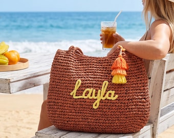 Personalized Straw Tote Bag • Summer Picnic & Vacation Use • Bridesmaid Gift • Lightweight Handmade Tote