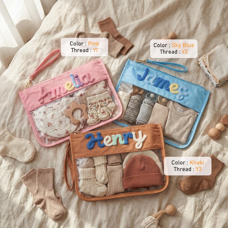 May include: Three rectangular zippered pouches in pink, sky blue, and khaki, each featuring a clear front panel and a personalized name in textured yarn: Amelia, James, and Henry. The pouches contain baby items like socks, hats, and bibs.