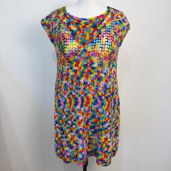 rainbow knit dress Handmade Crochet Open L/XL Boho Festival Resort Maximalist business professional