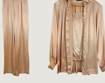 Vintage Ellen Tracy 3-teiliges Set 7/8 Champagner Satin Bluse Tanktop Hose Disco Glamour