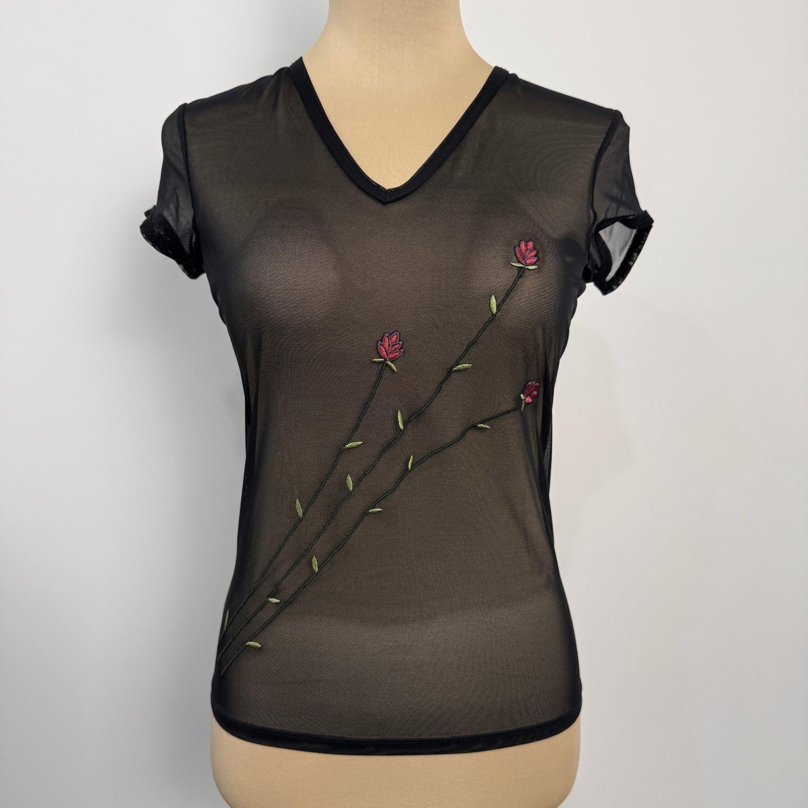 Black Embroidered Mesh Top - Etsy
