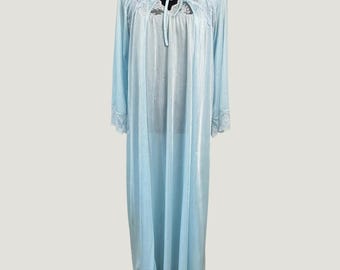 May include: A light blue floor-length nightgown and matching robe set. The nightgown features a scoop neckline with white lace trim. The long-sleeved robe has a tie closure at the neck and matching white lace detailing on the shoulders and cuffs.